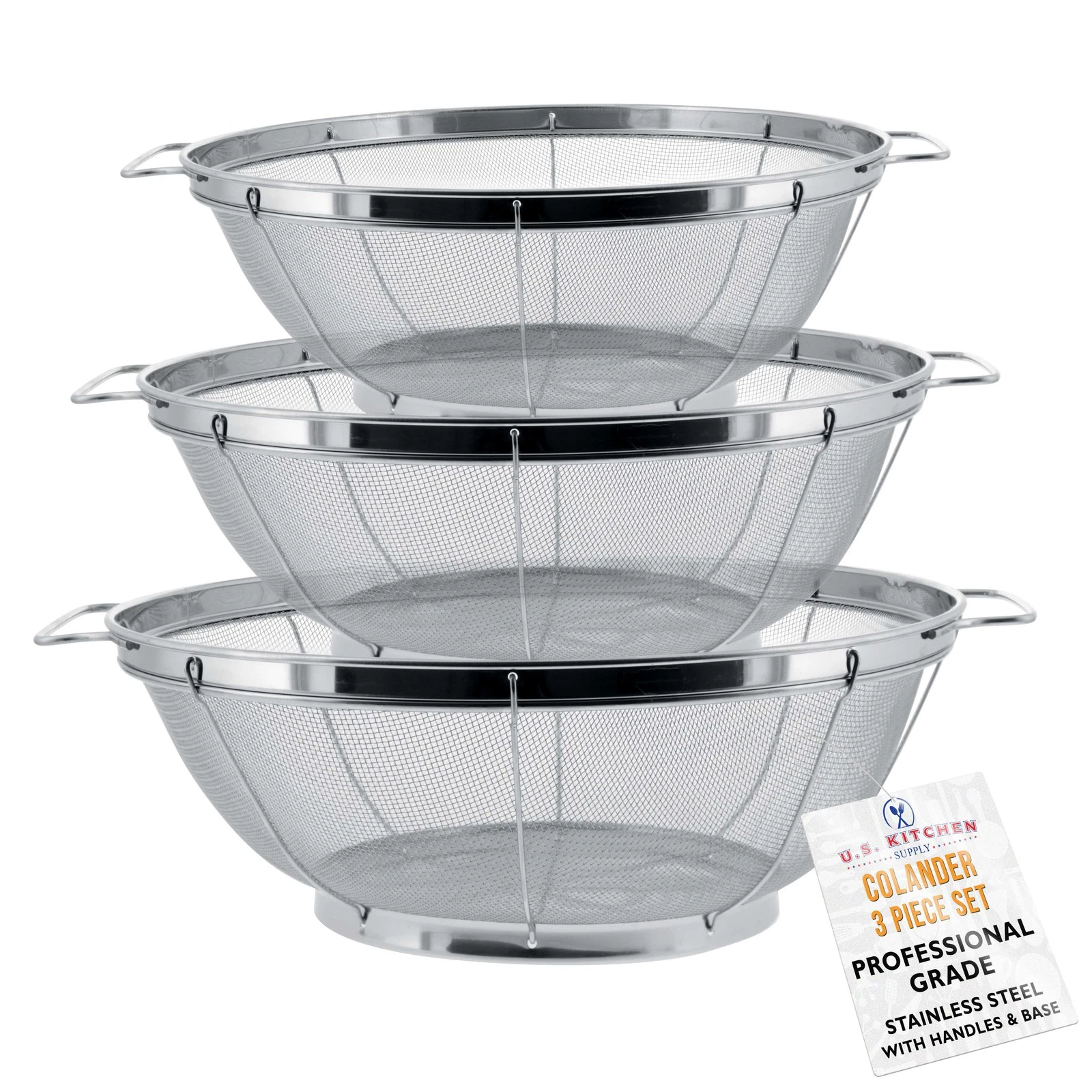18 U.S. Kitchen 3pc Colander Set, Stainless Steel Mesh Strainer Net Baskets 3 4 5qt - Image 1