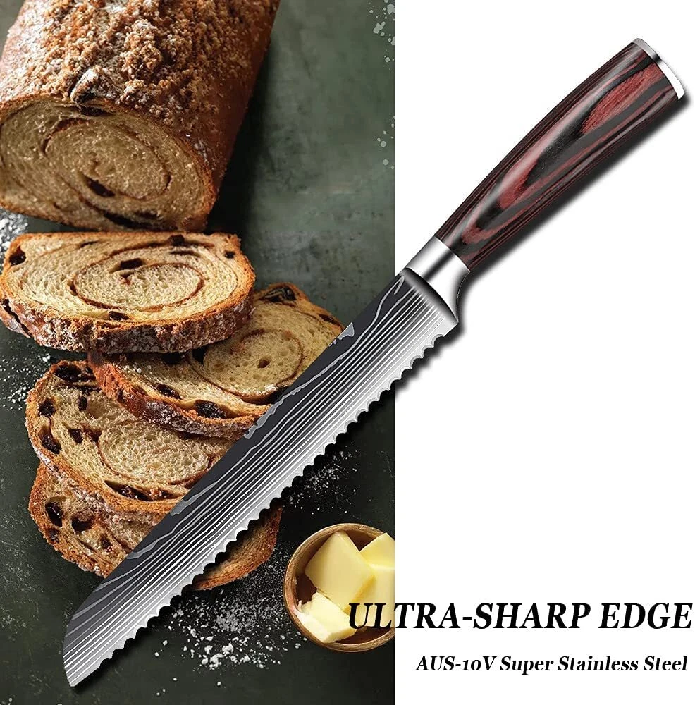 62 Bread Knife 8in Blade Serrated Ultra Sharp Carbon Steel Kitchen Chef Bread Knife - Image 1